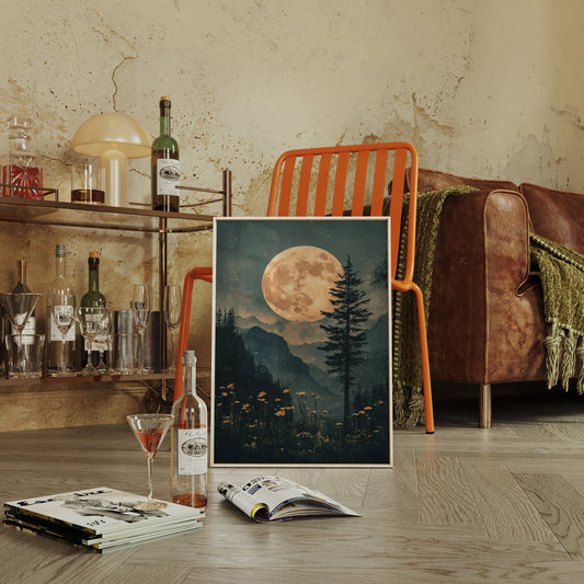 Harvest Moon Forest: Serene Mountain Landscape Canvas Wall Art