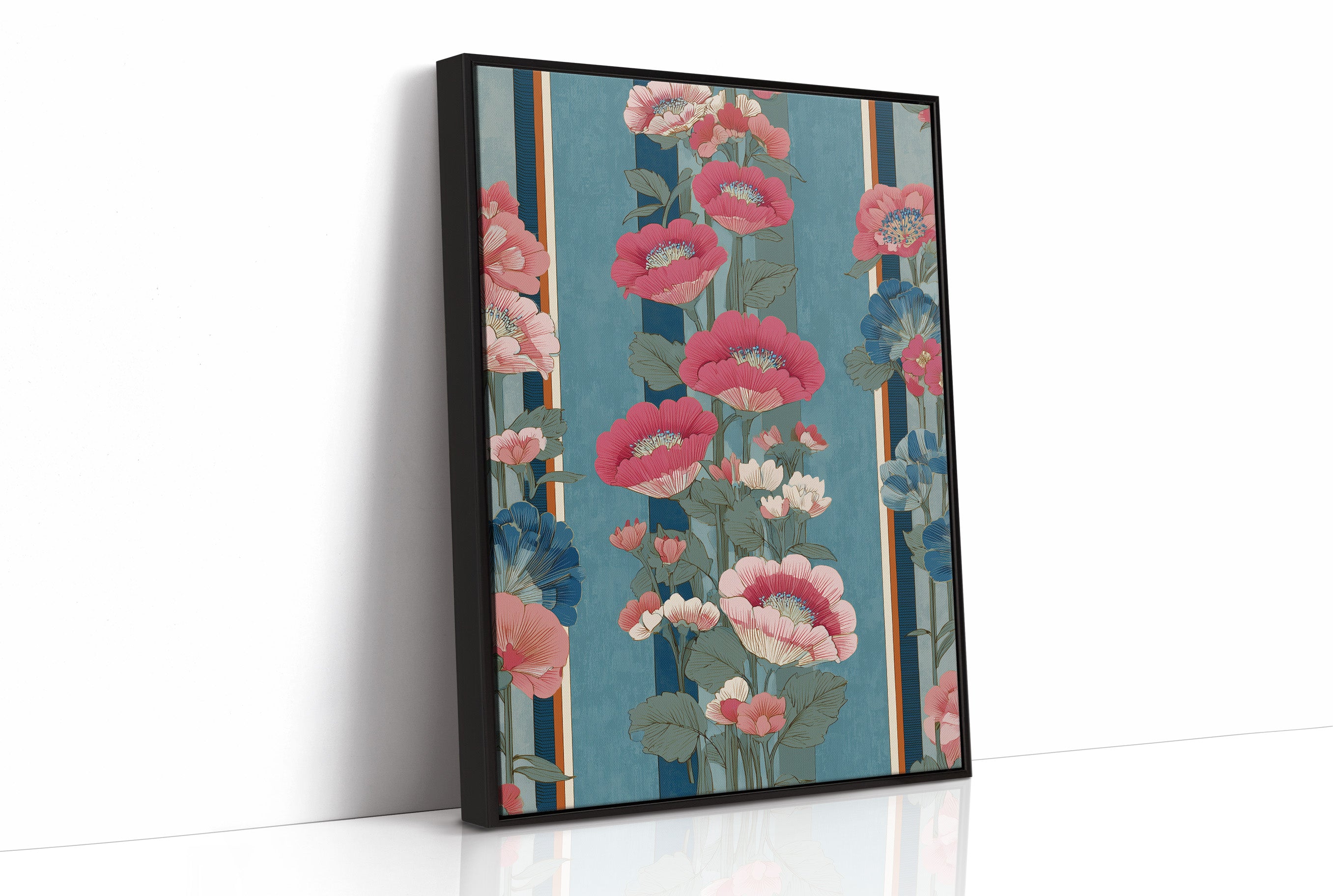 Hot Pink Blooms on Faded Blue