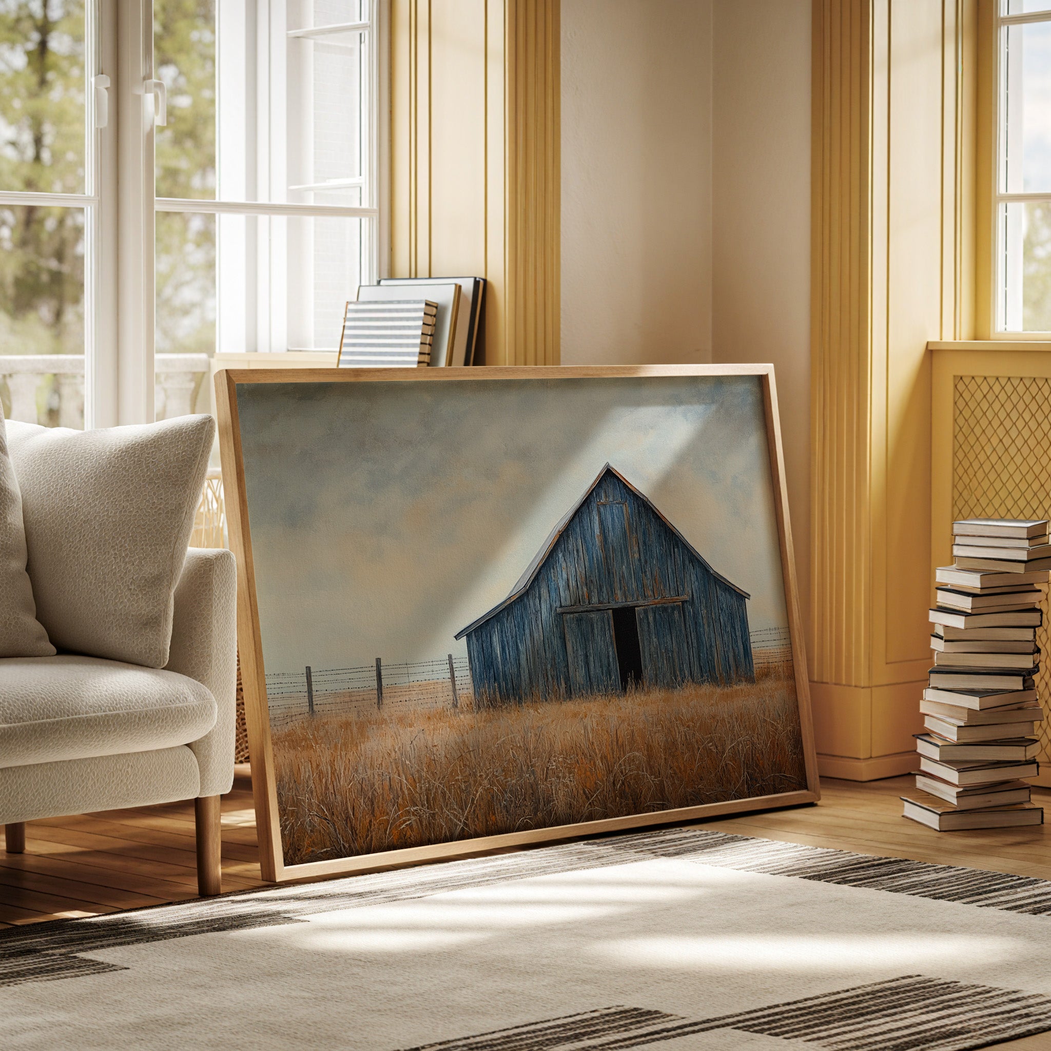 Blue Barn Stands Among Golden Fields