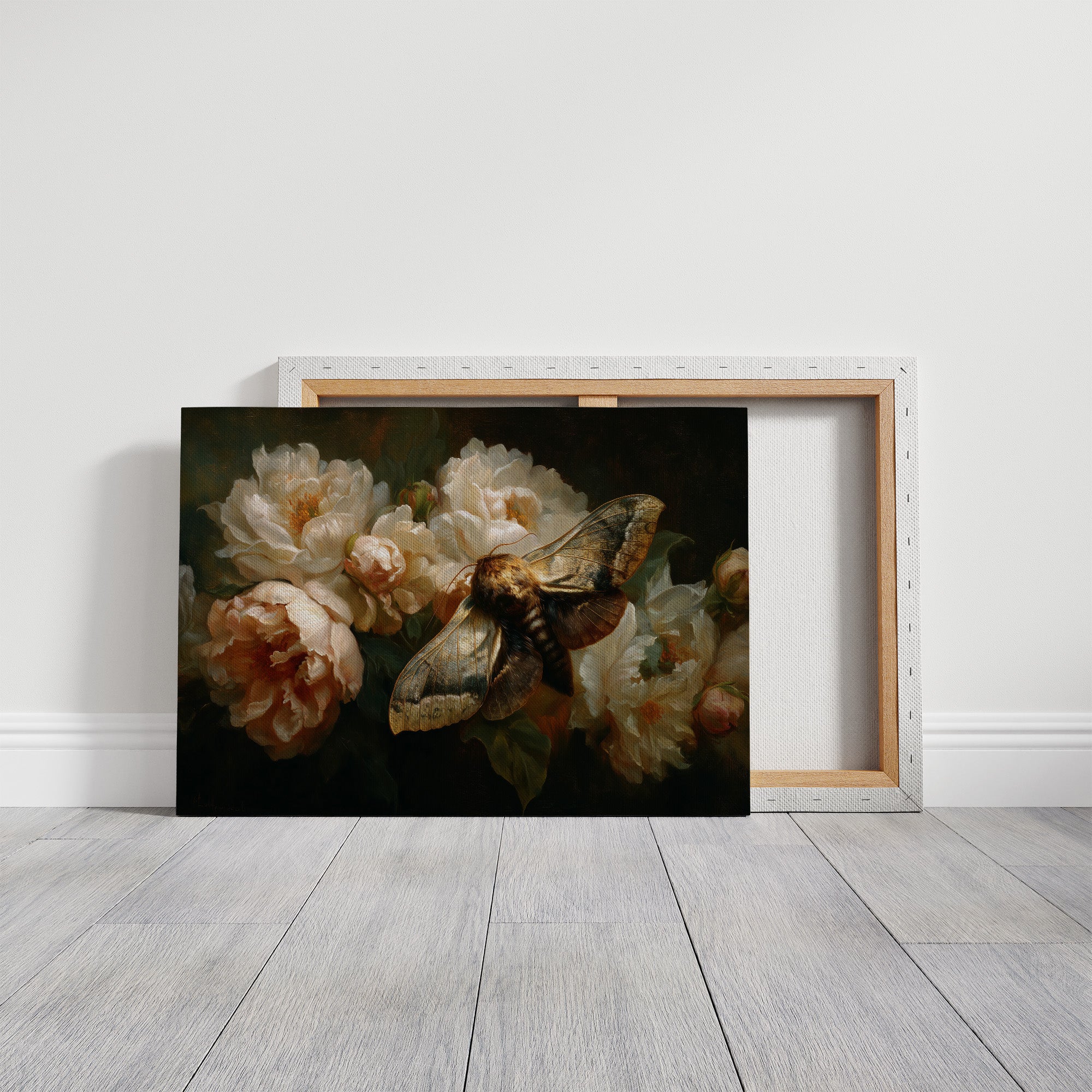 Moth Among Cream Peonies