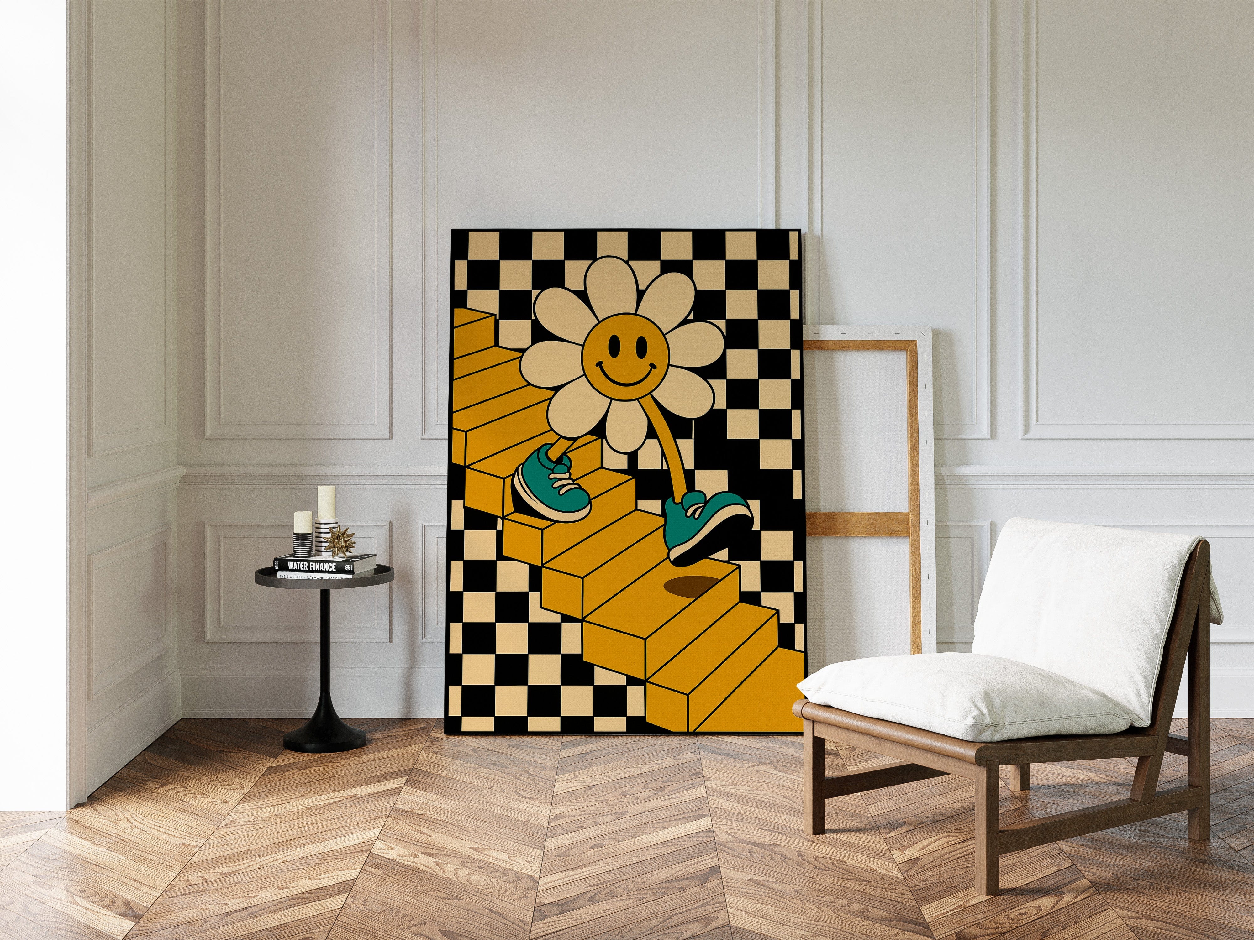 Groovy Daisy Vibes – Retro Checkerboard Flower Print