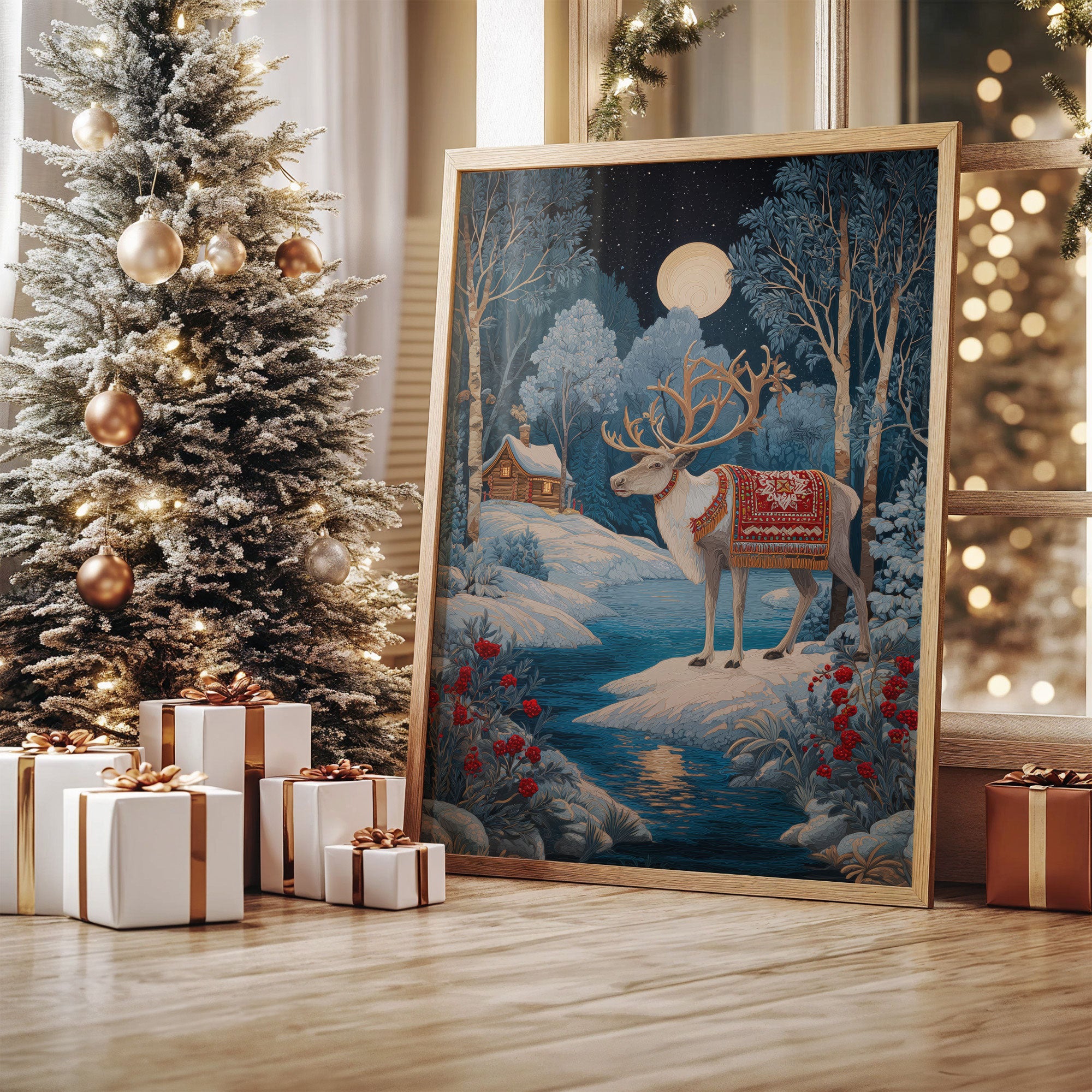 Moonlit Reindeer's Winter Tale Unfolds