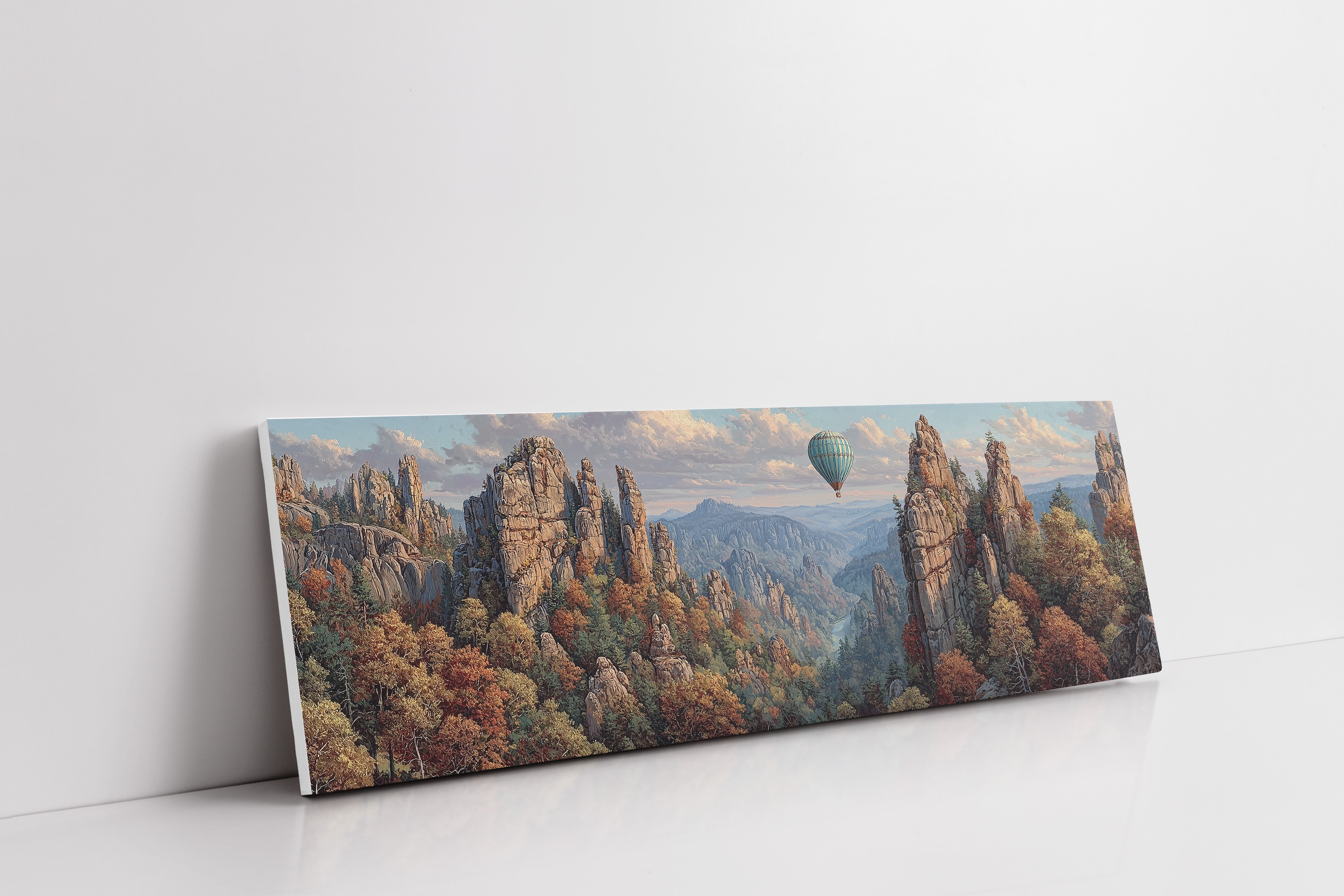 Hot Air Balloon Over Autumn Cliffs