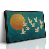 Cranes Dance Against Golden Moon