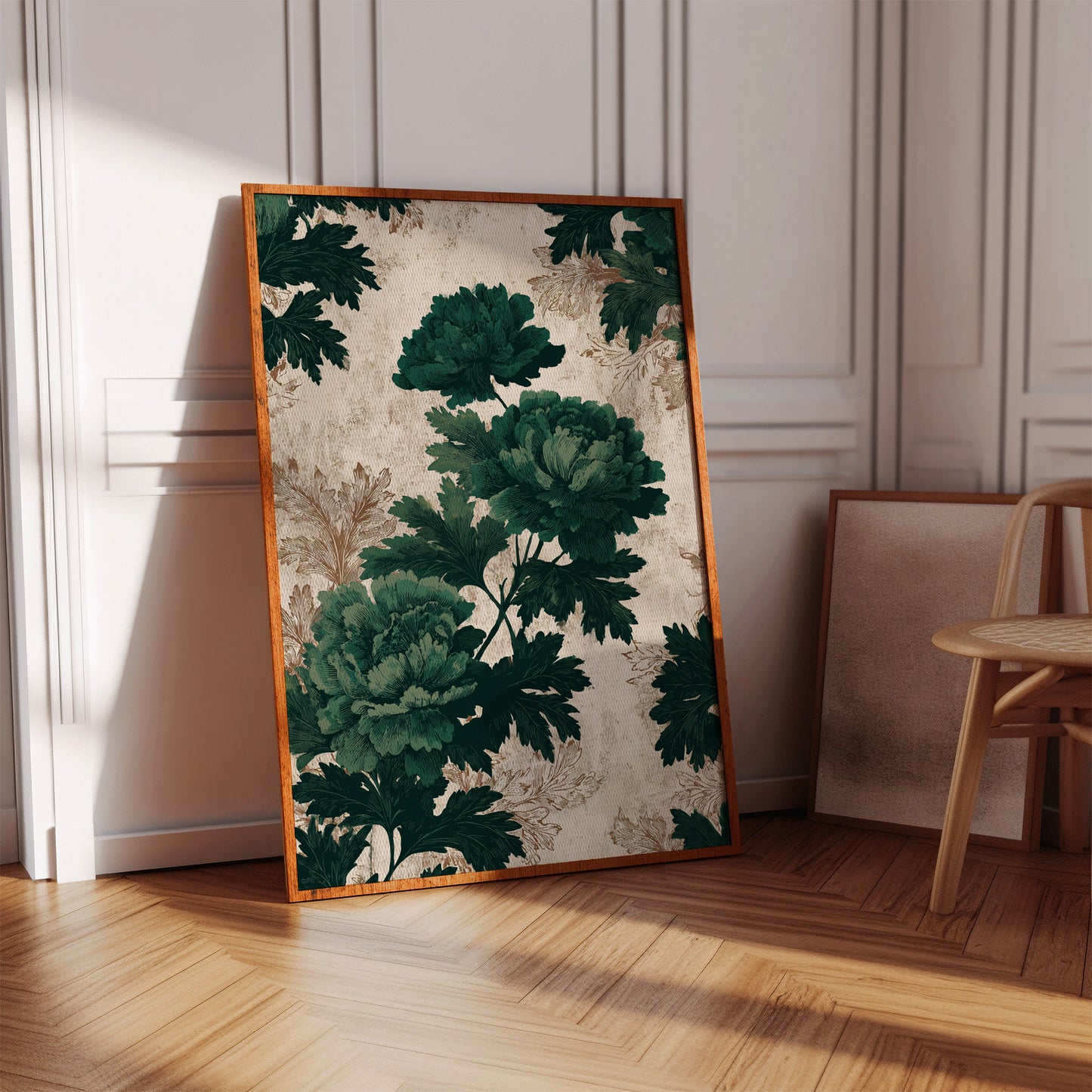 Emerald Blooms on Rustic Canvas