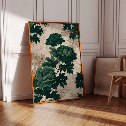 Emerald Blooms on Rustic Canvas
