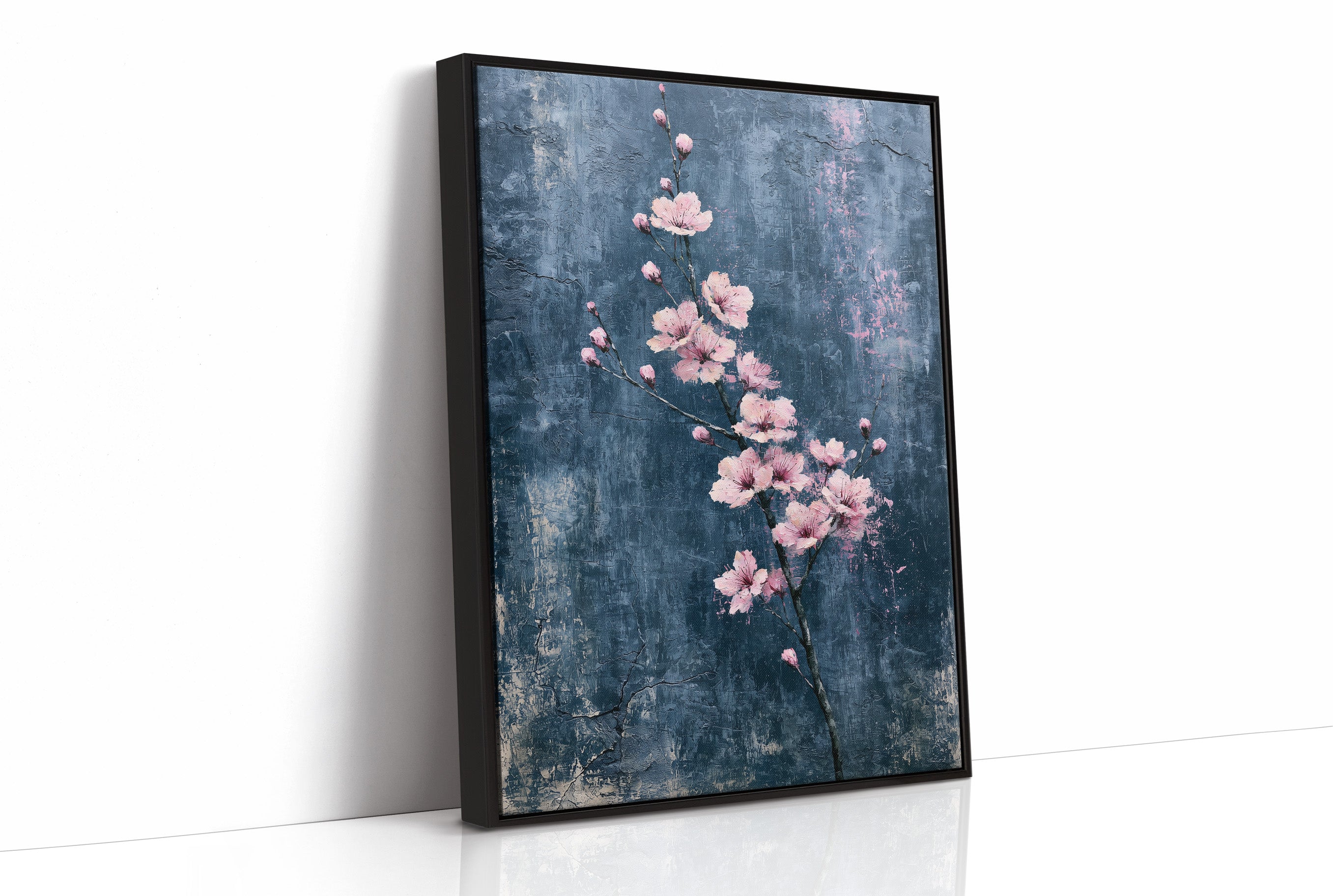 Pink Blossoms on Weathered Denim Blue