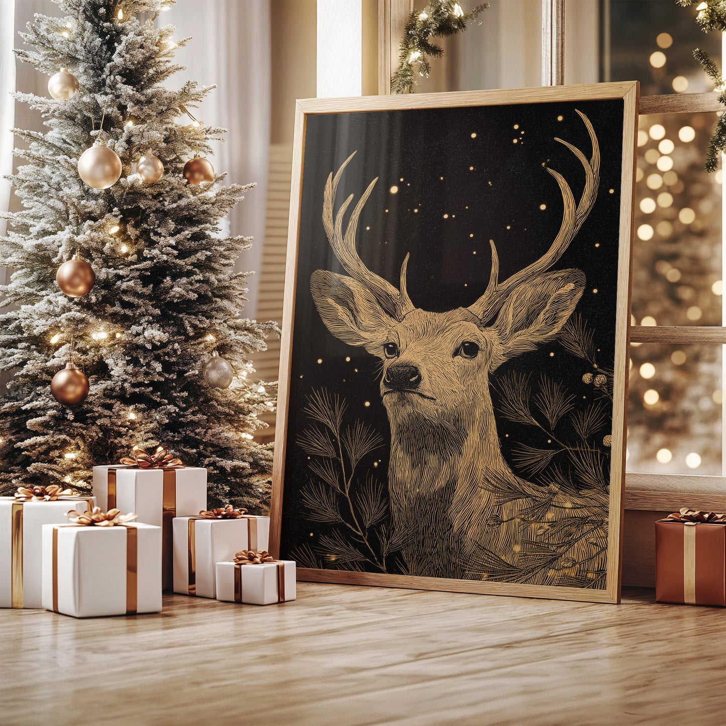 Starlit Stag Among Pine Branches