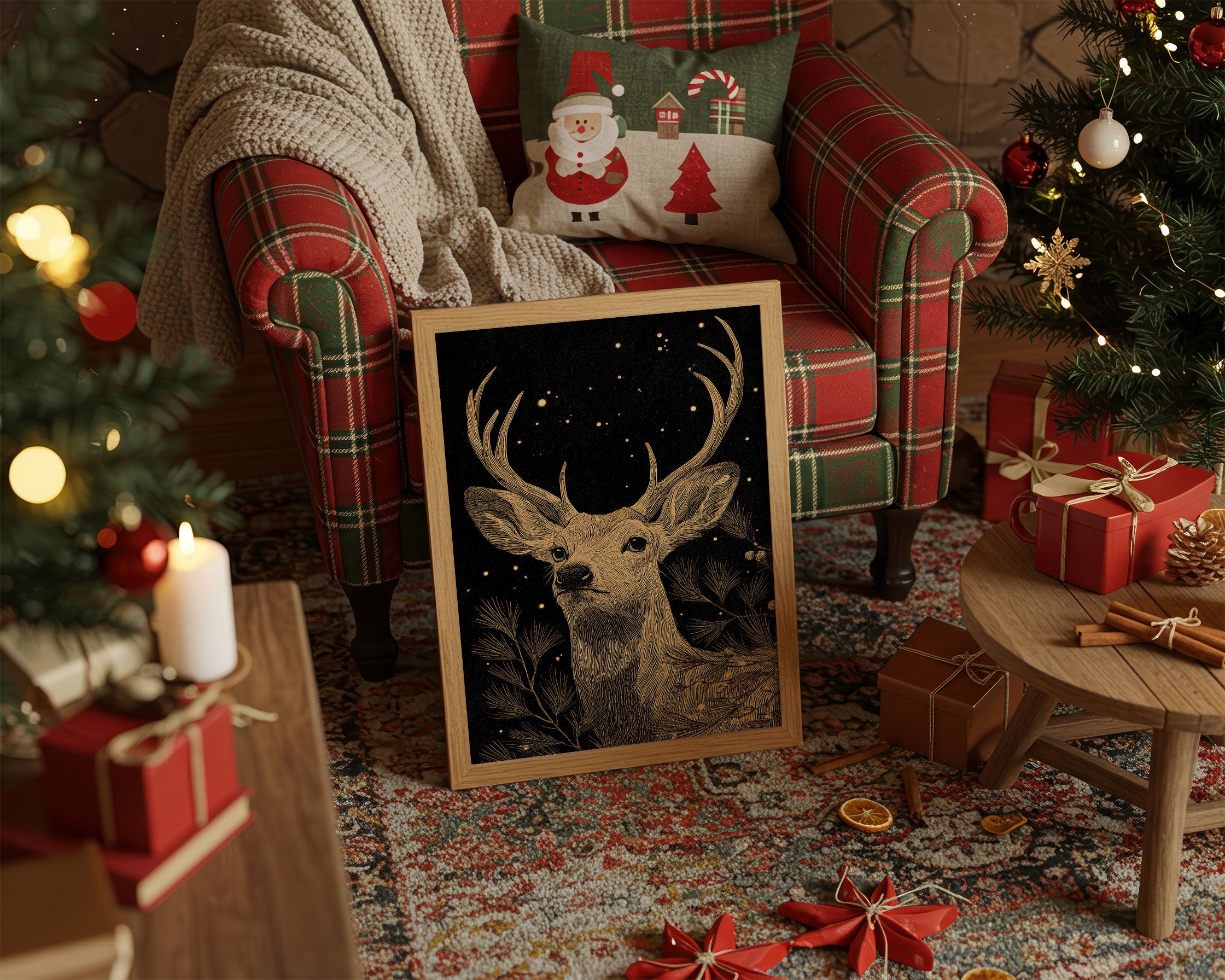 Starlit Stag Among Pine Branches