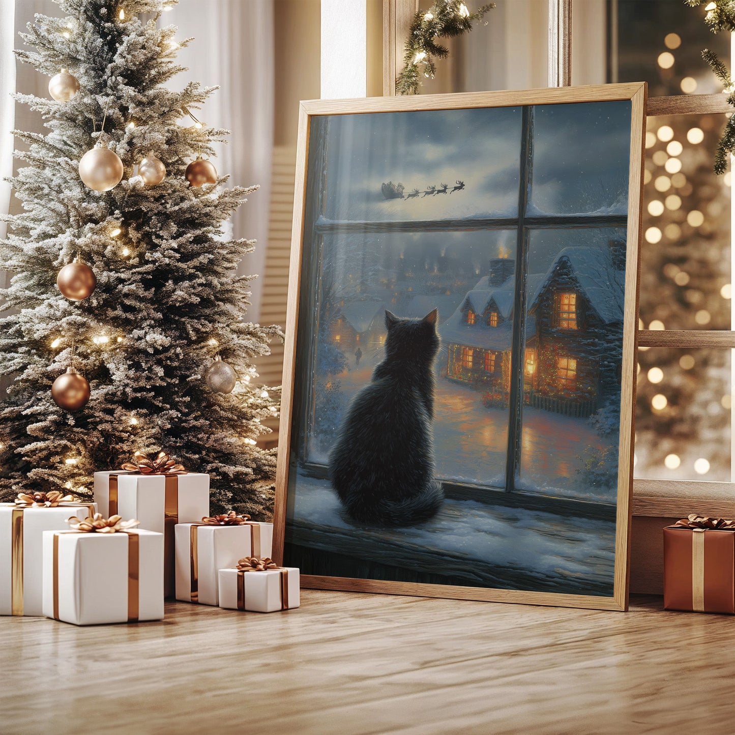 Black Cat Watches Santa's Flight