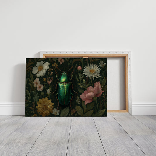Emerald Beetle Among Garden Blooms