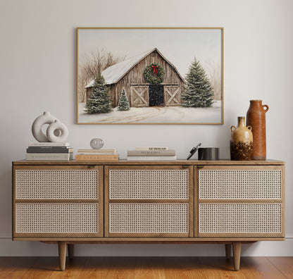 Rustic Christmas Barn – Cozy Winter Farmhouse Wall Art Print