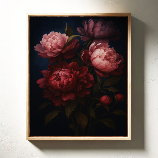 Crimson Peonies in Midnight Bloom