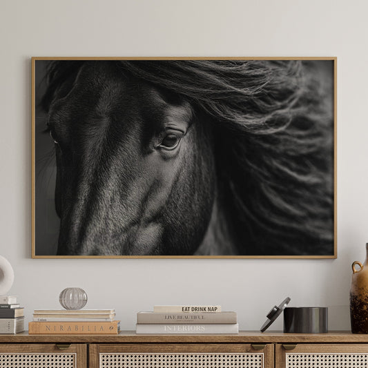 Wooden cabinet with woven design doors, decorative items, and a horse portrait above.
