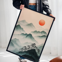Misty Mountain Sunrise – Tranquil Asian-Inspired Landscape Print