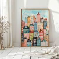 Colorful City Rowhouses Watercolor Print