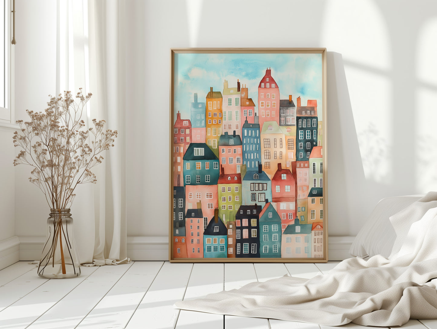 Colorful City Rowhouses Watercolor Print