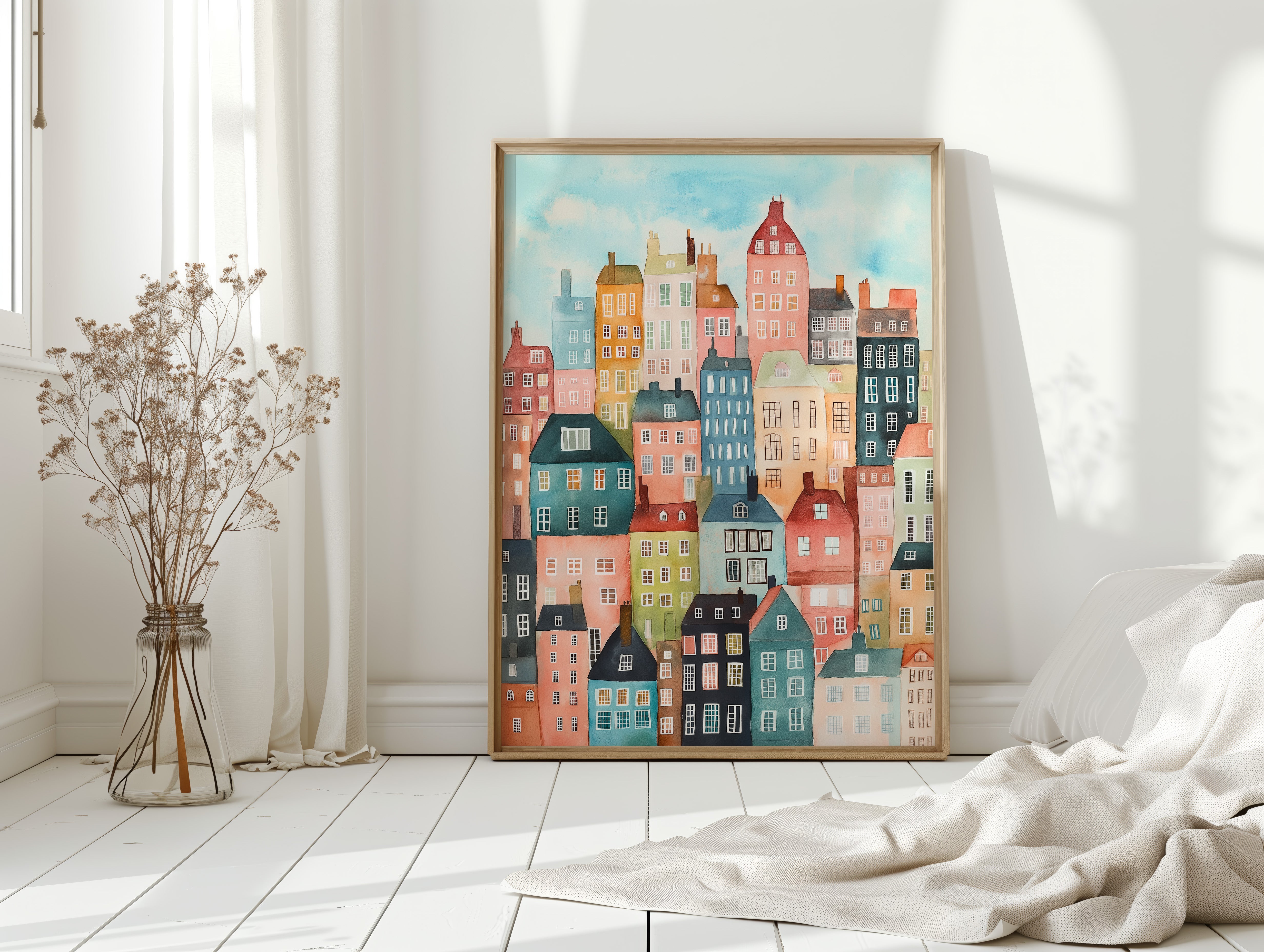 Colorful City Rowhouses Watercolor Print