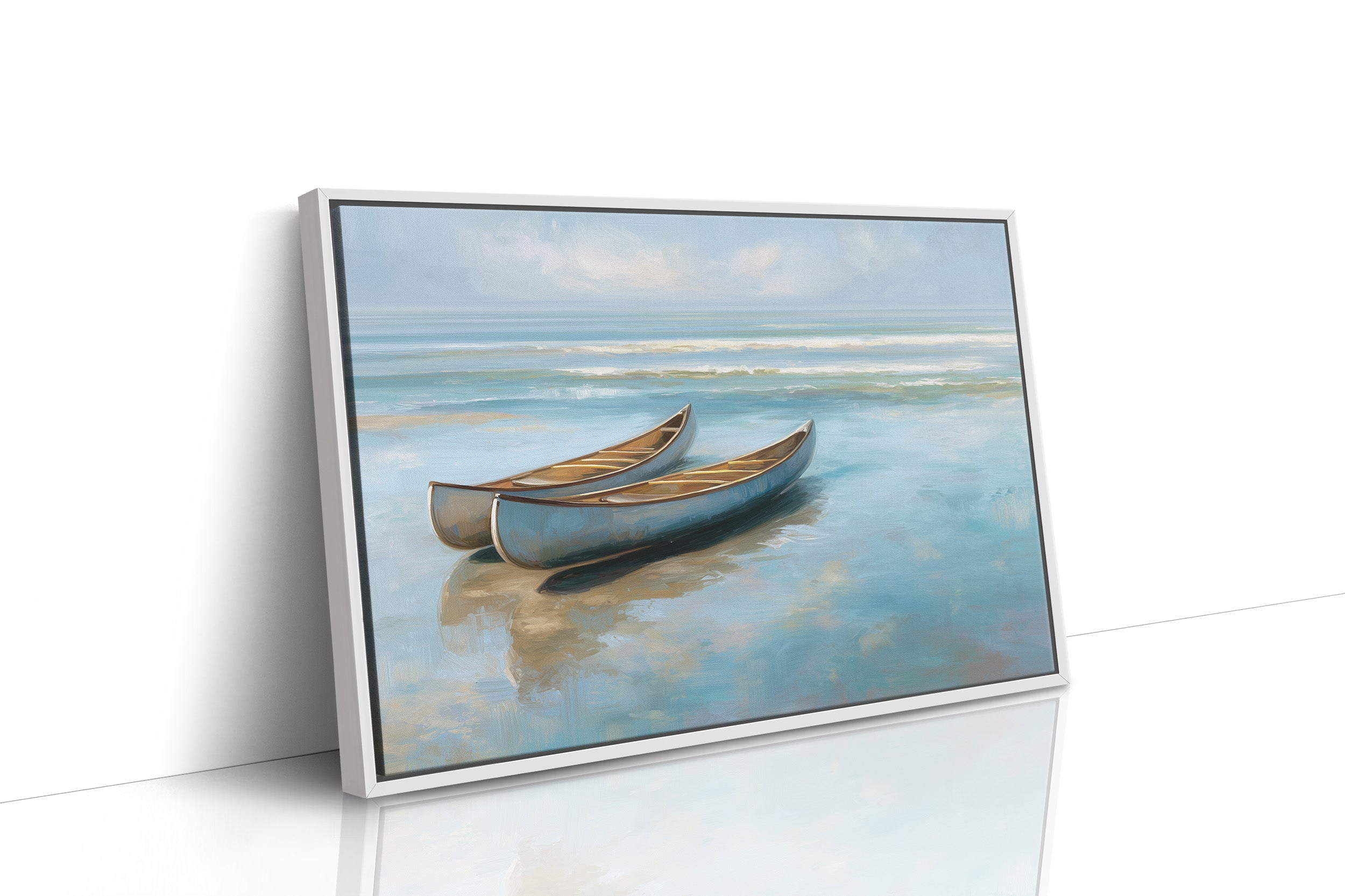 Canoes Rest On Azure Shores