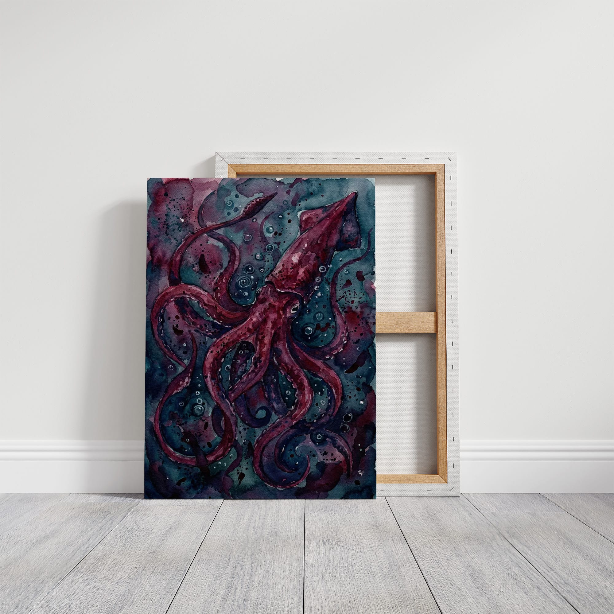 Crimson Depths: Watercolor Giant Squid Study