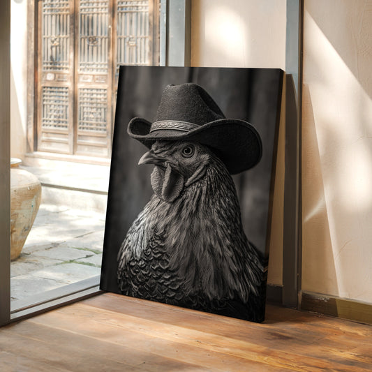 Canvas print of a rooster wearing a cowboy hat on a wooden floor.