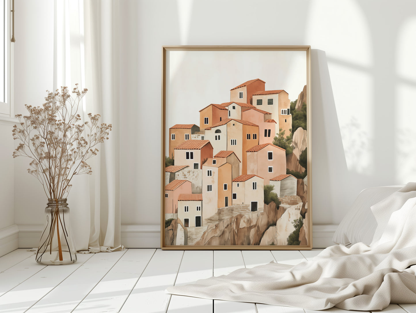 Sunlit Cliffside Village in Warm Earth Tones