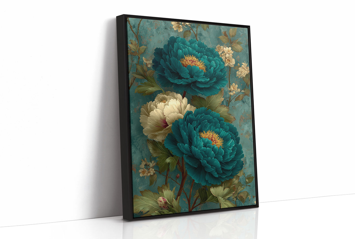 Teal Peonies on a Weathered Wall