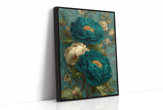 Teal Peonies on a Weathered Wall