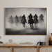 Wooden cabinet with decorative items and a framed black and white artwork of horses on a wall.