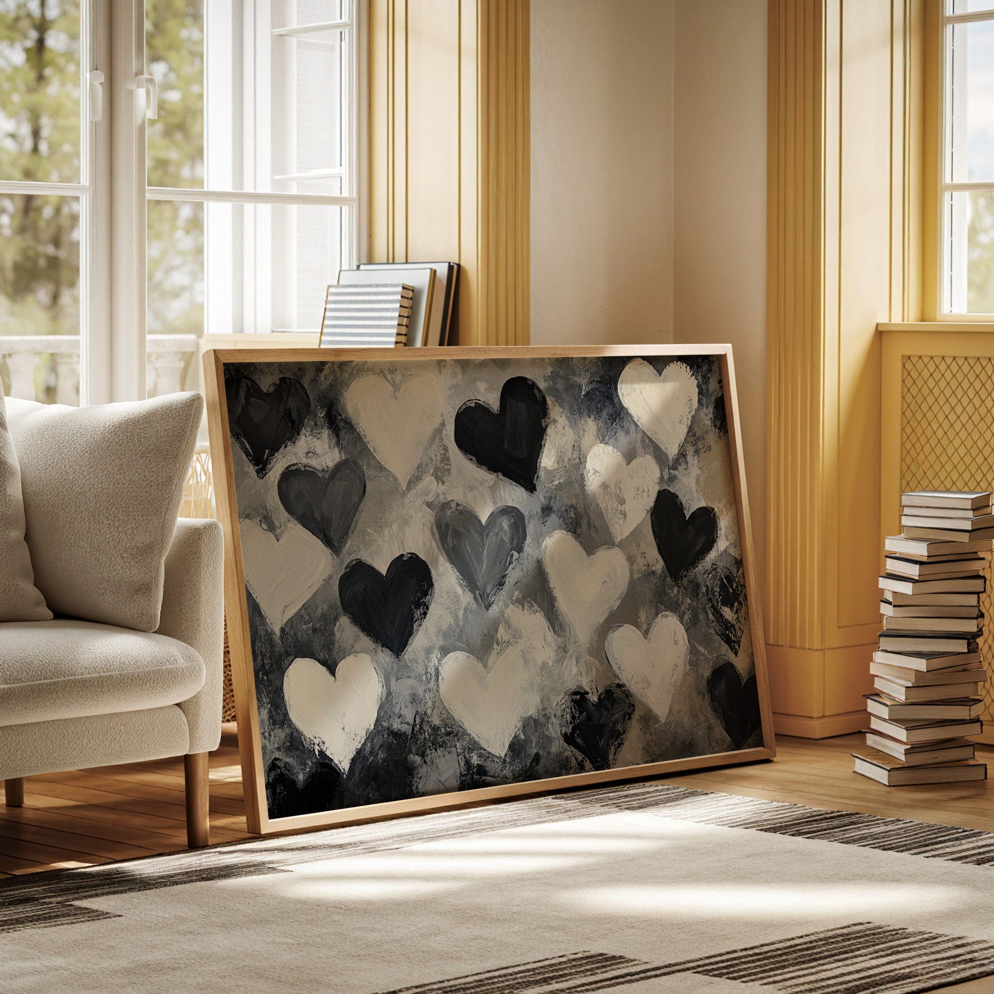 Hearts Dance Through Monochrome Mist