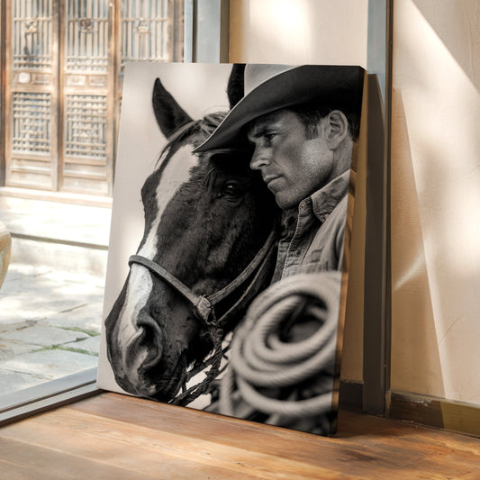 Framed artwork of a man in a cowboy hat with a horse, displayed in a room with wooden flooring and a glass door.