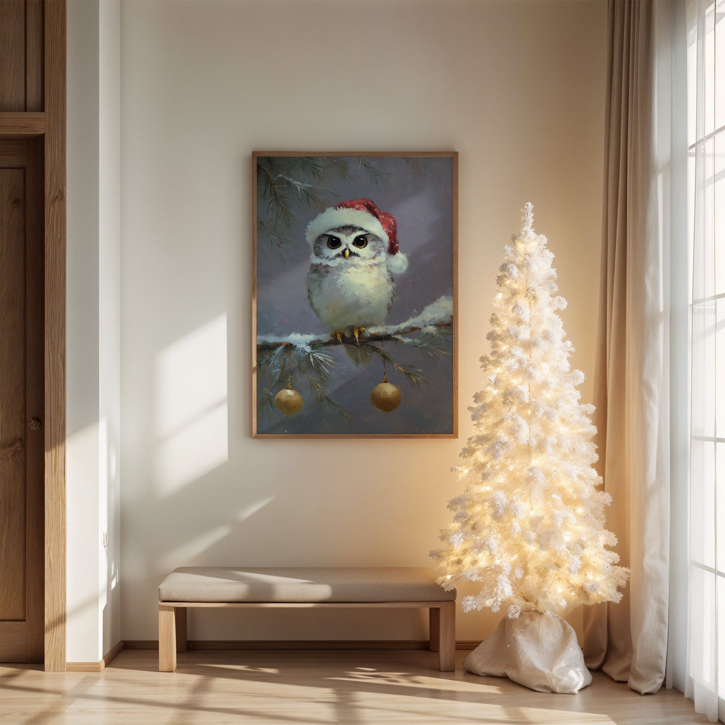 Festive Owl Perches Among Ornaments