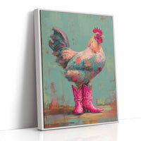 Rooster Struts In Pink Boots