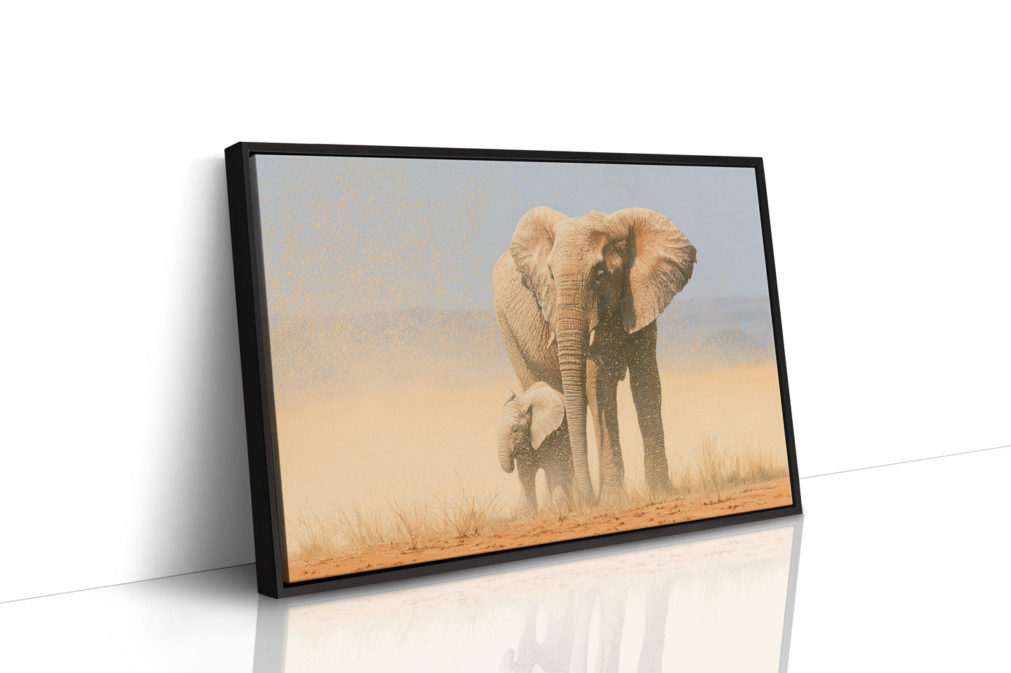 Elephant Mother, Dust and Calf