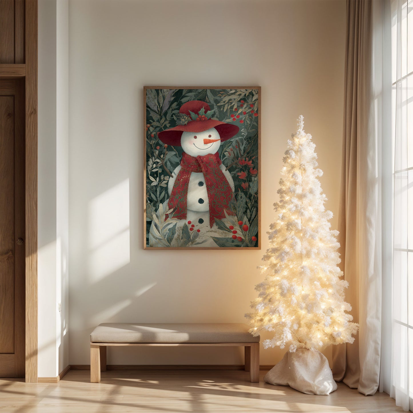 Winter Garden Snowman Wears Red