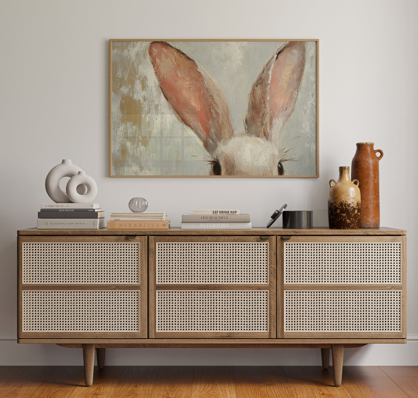 Whimsical Bunny Ears – Soft Neutral Textured Rabbit Art Print