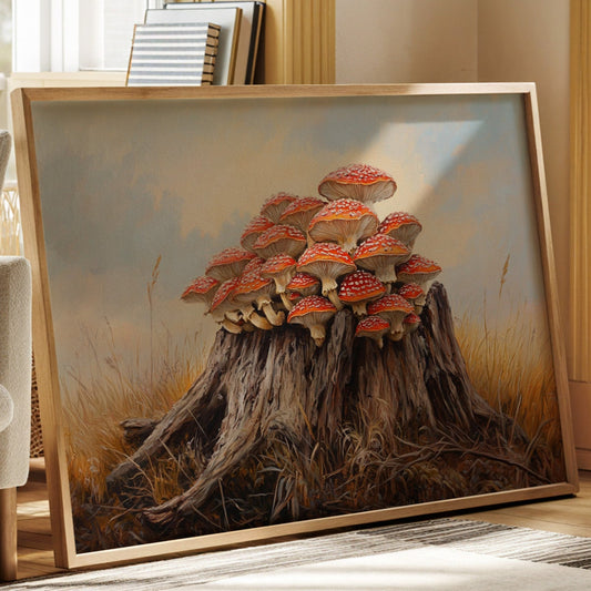Red Mushrooms Crown Ancient Stump