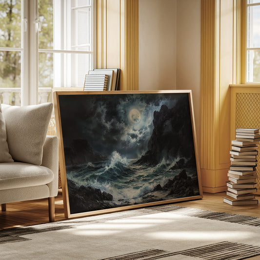 Moonlit Waves Break Against Cliffs