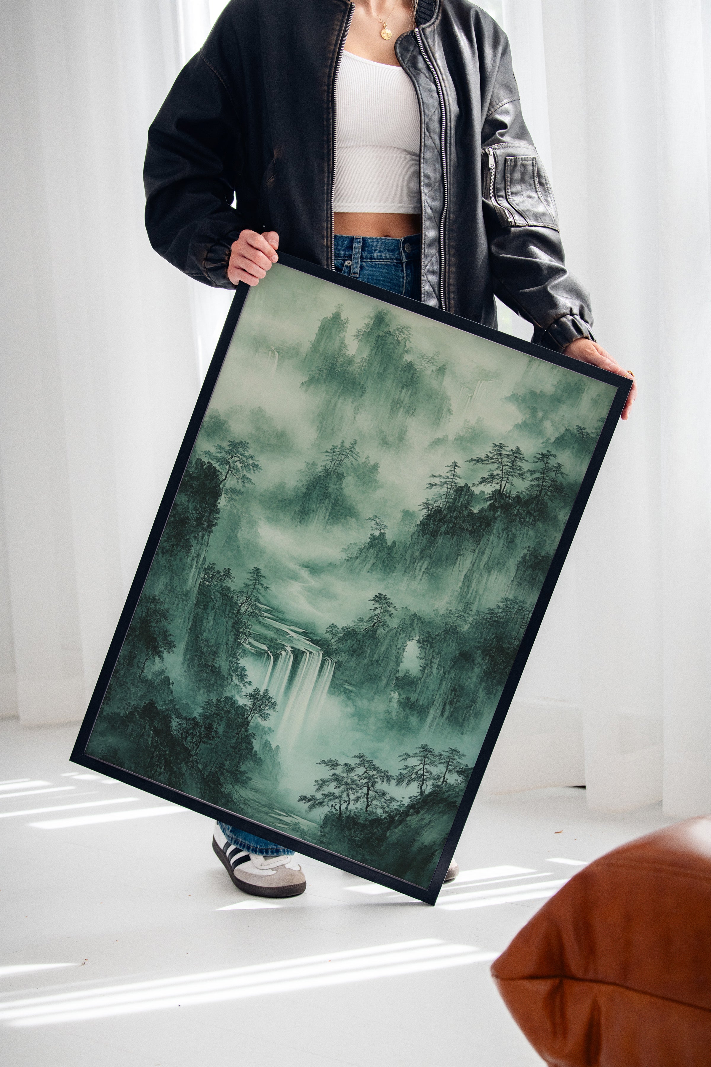 Serene Waterfall Landscape – Traditional Japanese Ink Wash Painting