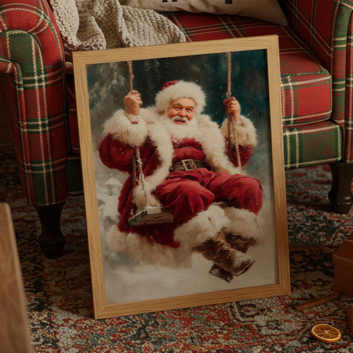 Winter Joy On A Wooden Swing