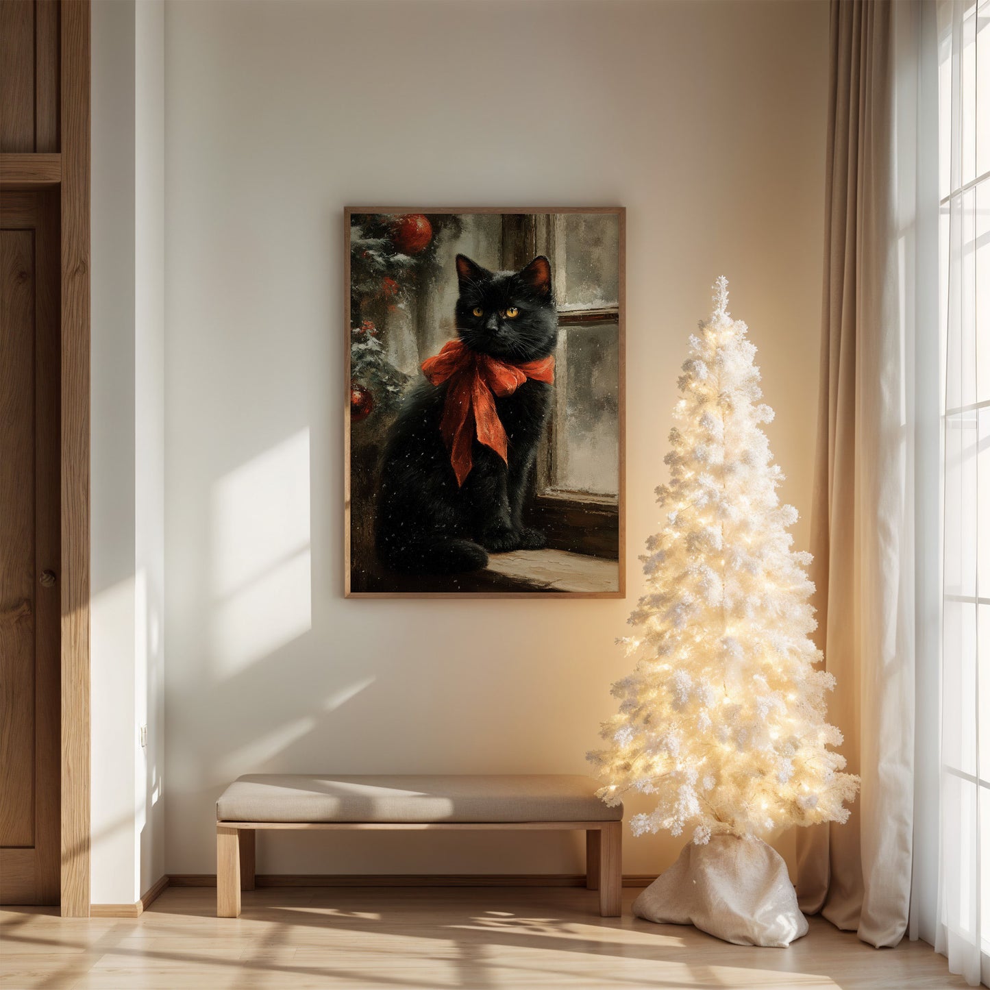 Midnight Cat Wears Holiday Ribbons