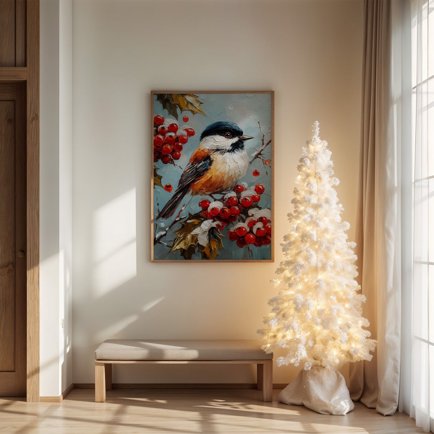 Winter Songbird Among Holly Berries