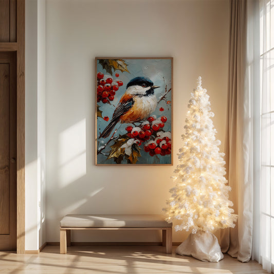 Winter Songbird Among Holly Berries