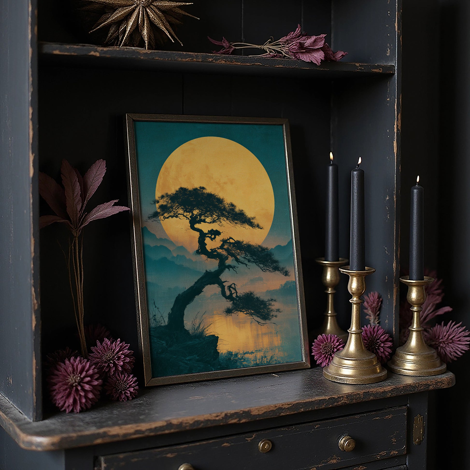 Bonsai Beneath the Golden Moon