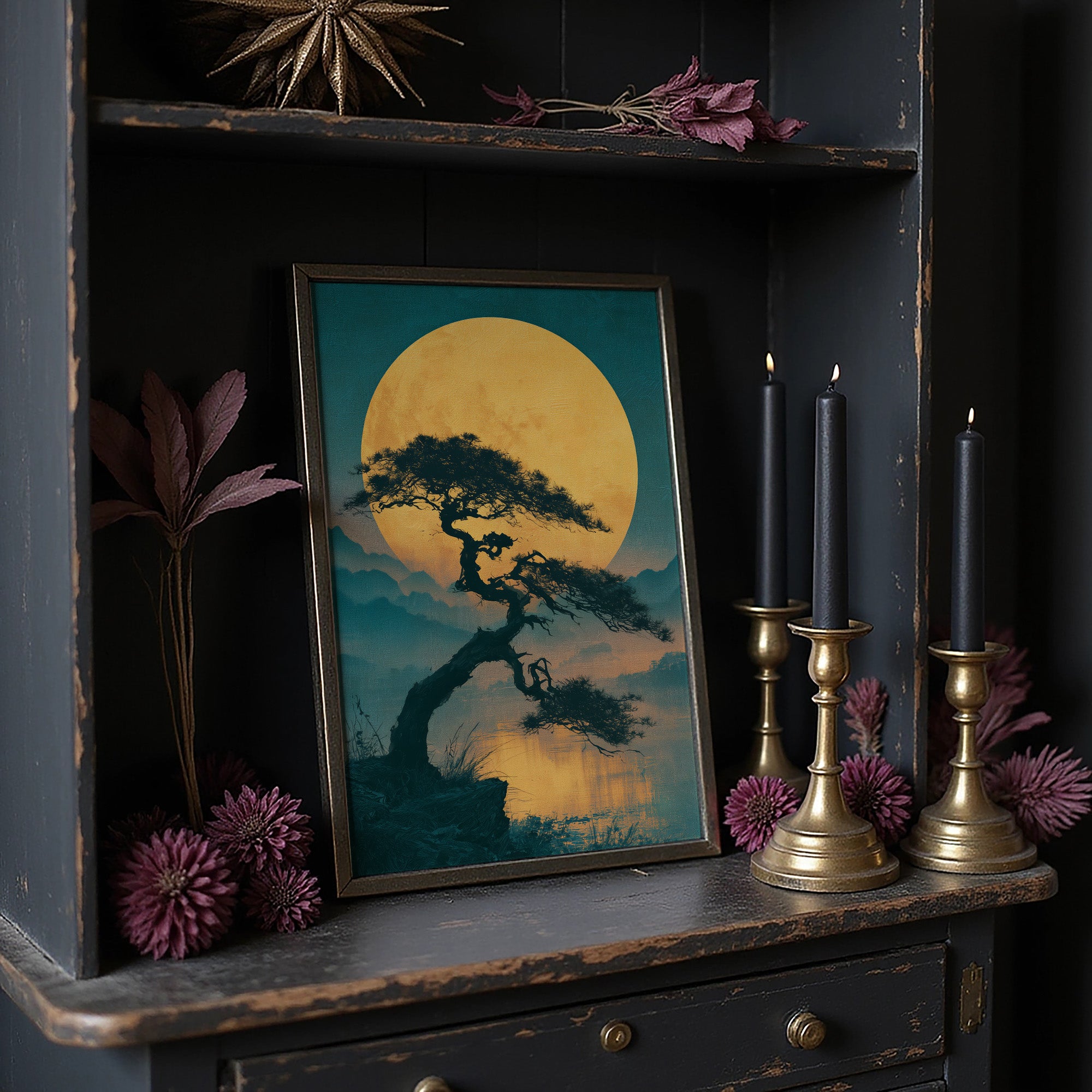 Bonsai Beneath the Golden Moon