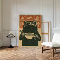Ramen Frog in Retro Woodblock Style