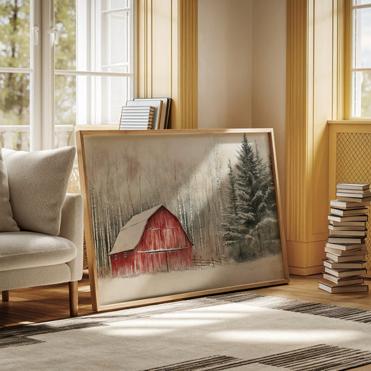Red Barn Sleeps Among Winter Birch
