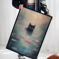 Mystical Black Cat in Water – Dreamy Water Lily Painting