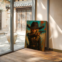 Western Grit: Cowgirl With Revolver Canvas Art