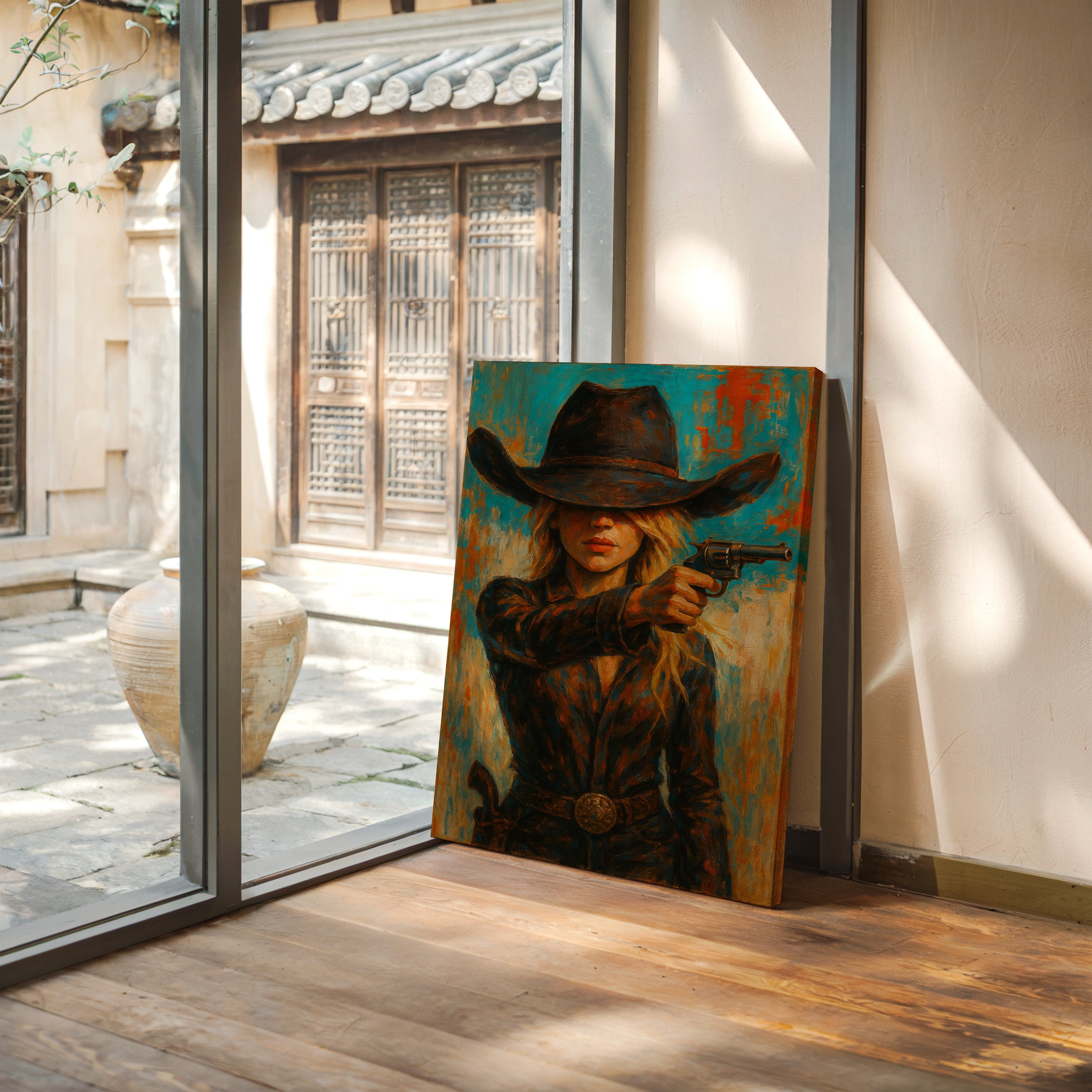 Western Grit: Cowgirl With Revolver Canvas Art